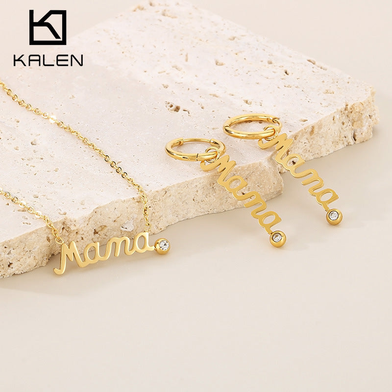 Wholesale Stainless Steel “Mama” Necklace and Hoop Earrings Jewelry Set – Kalen - view 1