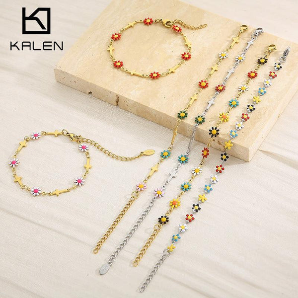 Kalen Stainless Steel Chain Colorful Flower Cross Bracelet Necklace Jewelry Set for Women - kalen