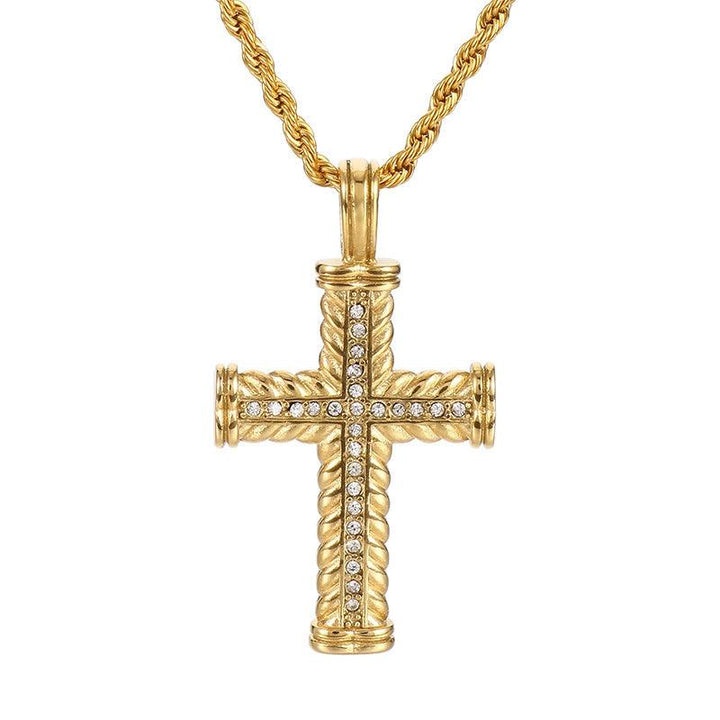 Kalen Hip Hop Viking Zircon Cross Gold Plated Stainless Steel Pendant Necklace for Men Women - kalen