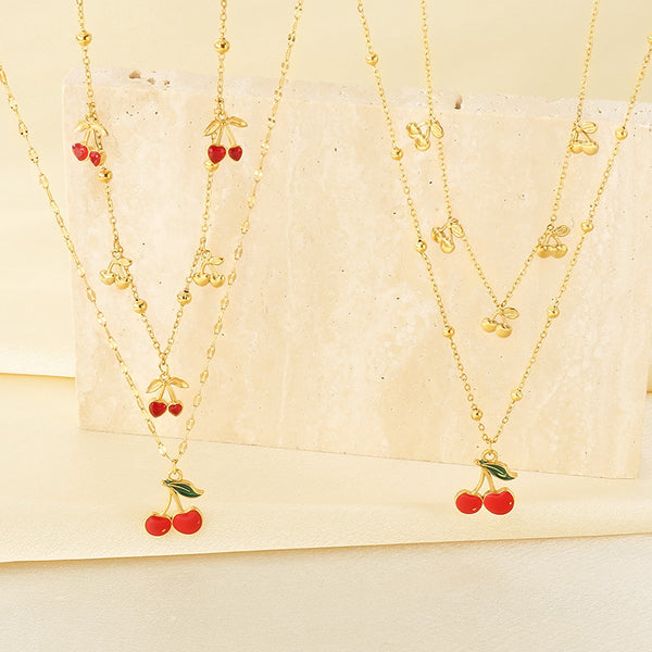 18K Gold Layering Cherry Pendant Necklace