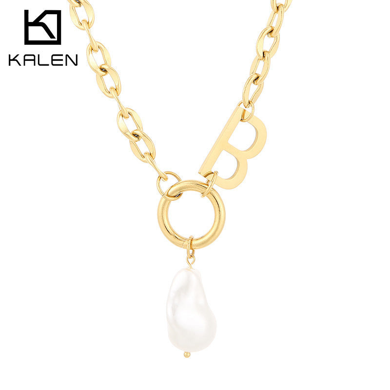 Wholesale Stainless Steel Chunky Letter Necklace with Baroque Pearl Pendant – Kalen - view 1