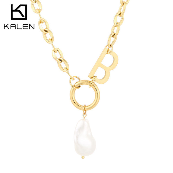 Wholesale Stainless Steel Chunky Letter Necklace with Baroque Pearl Pendant – Kalen