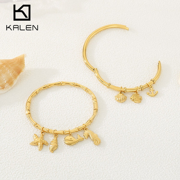 Ocean Series 18K Gold Bangle – Stainless Steel Bamboo Design