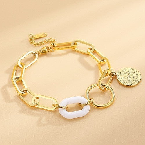 Stainless Steel Chunky Chain Bracelet with White Link Coin Pendant