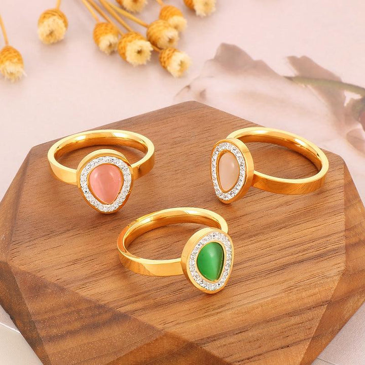 KALEN Wholesale Stainless Steel Natural Stone Zircon Oval Rings For Women - kalen