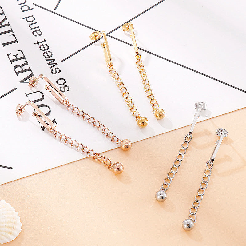 Wholesale Stainless Steel Long Tassel Stud Earrings with Chain and Ball Drop – Kalen - view 1