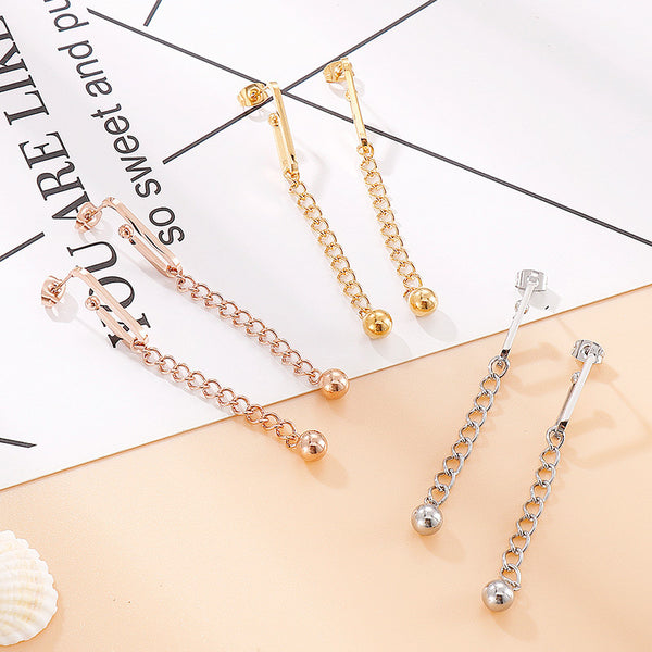 Wholesale Stainless Steel Long Tassel Stud Earrings with Chain and Ball Drop – Kalen