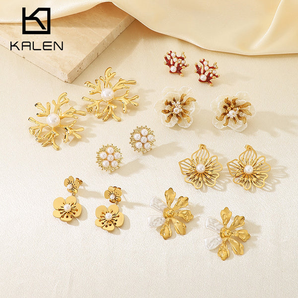 Hollow Geometric Petals Stainless Steel Floral Pearl Earrings