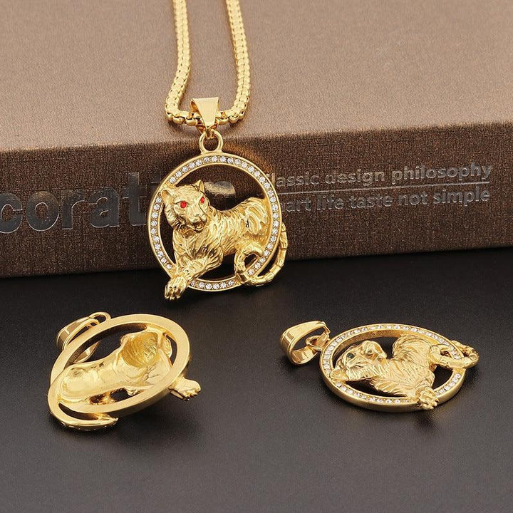 Kalen Hip Hop Zircon Lion Gold Plated Stainless Steel Pendant Necklace for Men Women - kalen