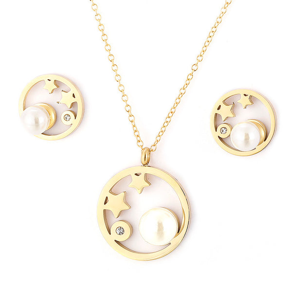 Wholesale Stainless Steel Pearl Star Necklace and Stud Earrings Jewelry Set with Rhinestone Accents – Kalen