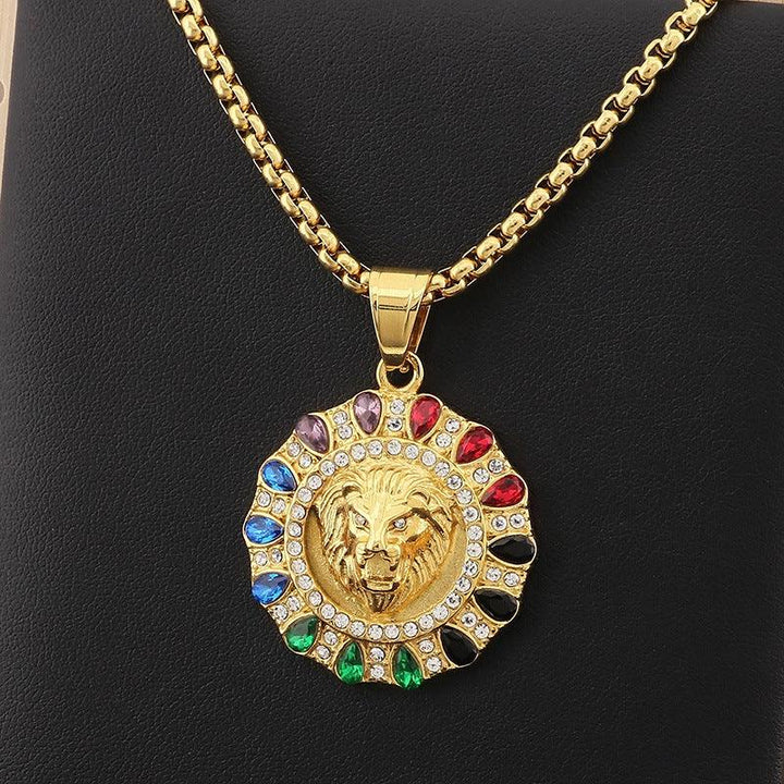 Kalen Hip Hop Zircon Lion Gold Plated Stainless Steel Coin Pendant Necklace for Men Women - kalen