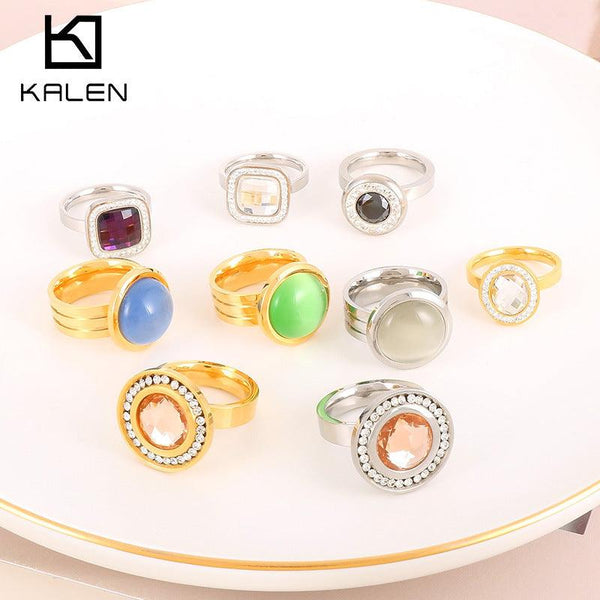 KALEN Wholesale Stainless Steel Natural Stone Zircon Glass Rings For Women - kalen