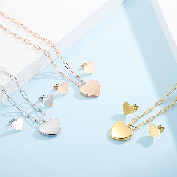 Stainless Steel Heart Necklace Stud Earrings Set
