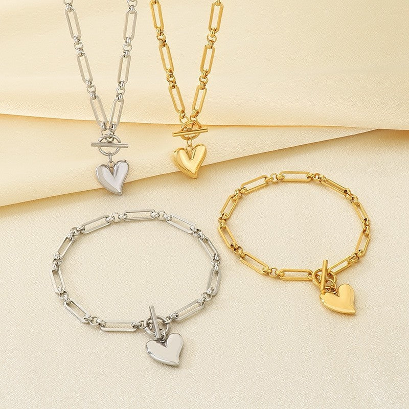 Stainless Steel Heart Pendant Paperclip Bracelet & Necklace - view 1