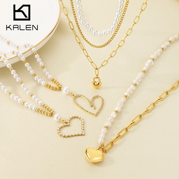 Love pearl chain fringe cuban link braided pin heart shape stainless steel pendant necklace