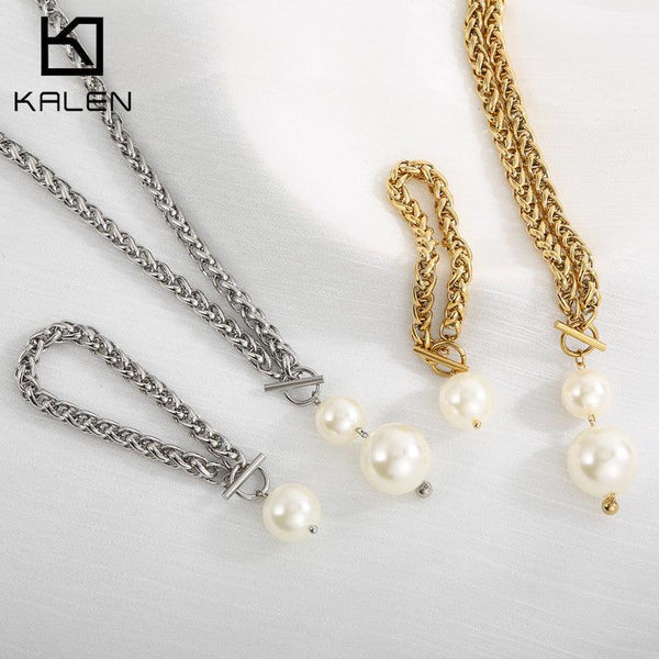 Kalen 8mm Rope Chain Pearl Pendant Bracelet Necklace Jewelry Set For Women - kalen