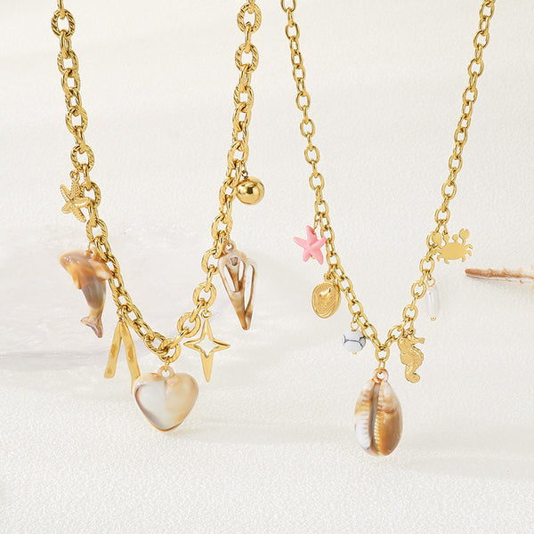 Ocean-Themed Shell & Crab Charms Necklace