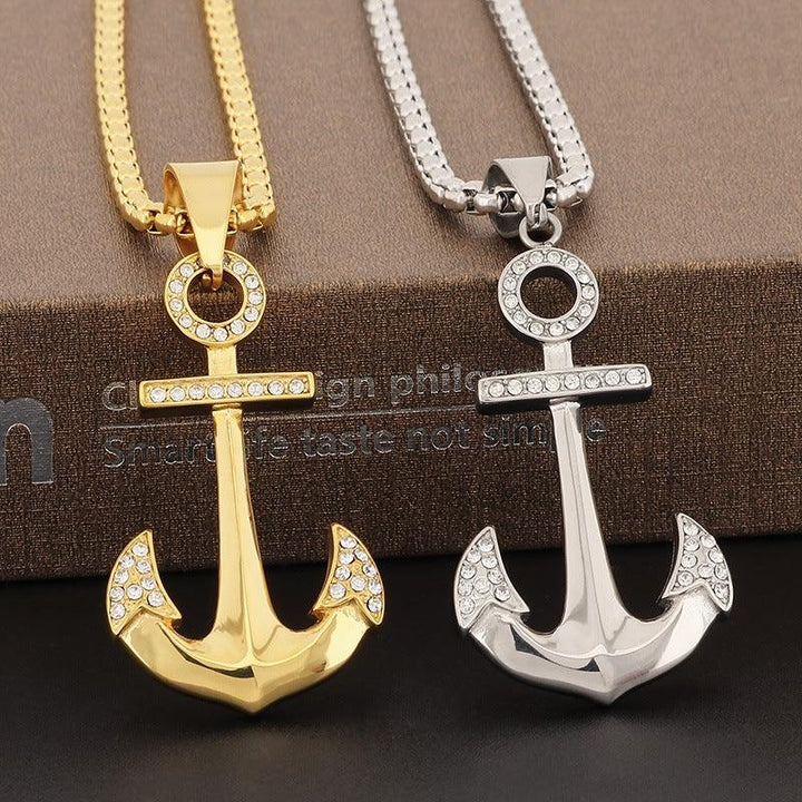 Kalen Hip Hop Zircon Anchor Gold Plated Stainless Steel Pendant Necklace for Men Women - kalen