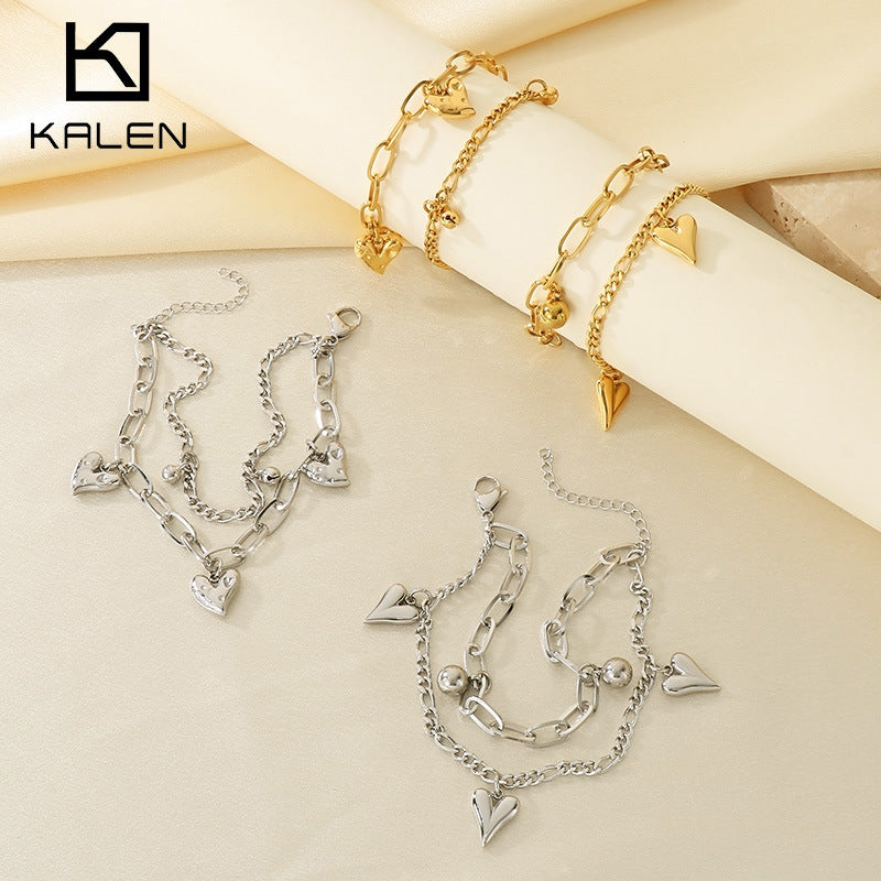 Wholesale Stainless Steel Double Layer Heart Charm Chain Bracelet - view 1