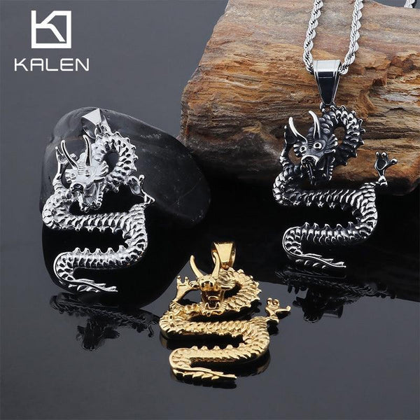 Kalen Dragon Animal Gold Plated Stainless Steel Pendant Necklace for Men Women - kalen