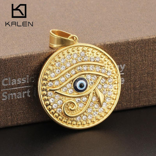 Kalen Hip Hop Zircon Evil Eye Gold Plated Stainless Steel Round Pendant Necklace for Men Women - kalen