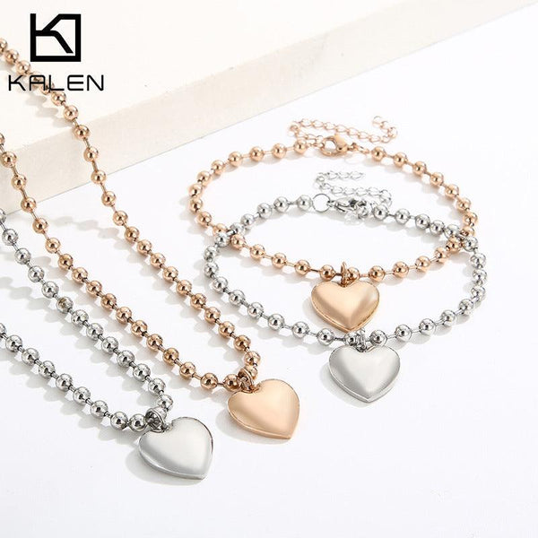 Kalen 3mm Bead Chain Heart Pendant Bracelet Necklace Jewelry Set For Women - kalen