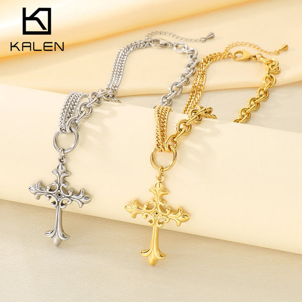 Baroque Cross Pendant Stainless Steel Chunky Chain Necklace