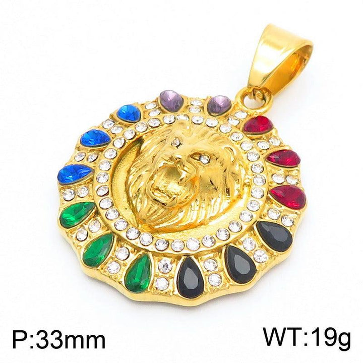 Kalen Hip Hop Zircon Lion Gold Plated Stainless Steel Coin Pendant Necklace for Men Women - kalen