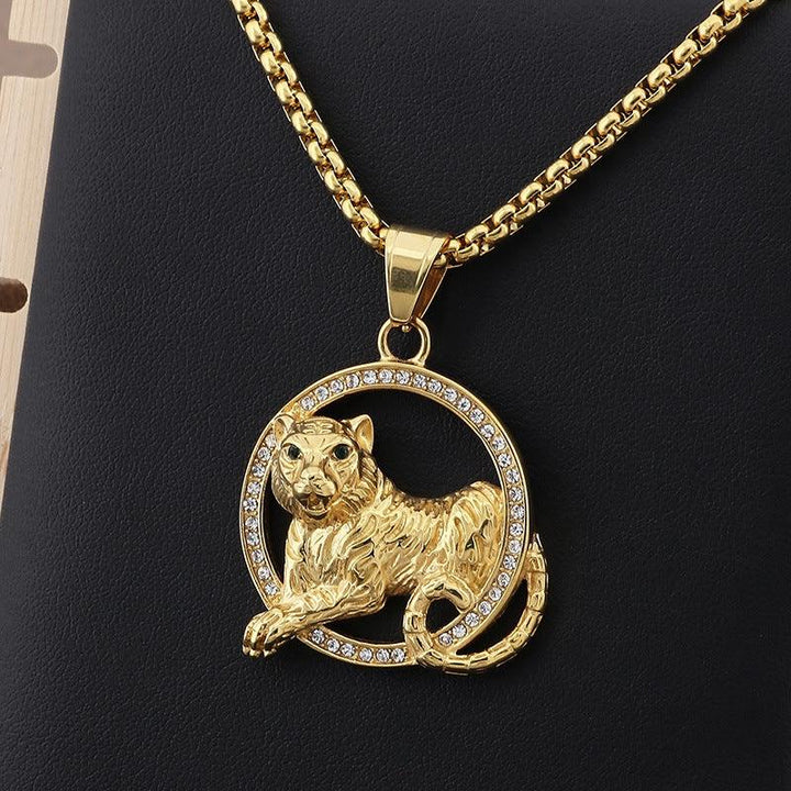 Kalen Hip Hop Zircon Lion Gold Plated Stainless Steel Pendant Necklace for Men Women - kalen