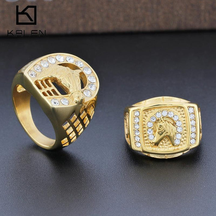 Kalen Hip Hop Zircon Horse Gold Plated Stainless Steel Ring for Men Women - kalen