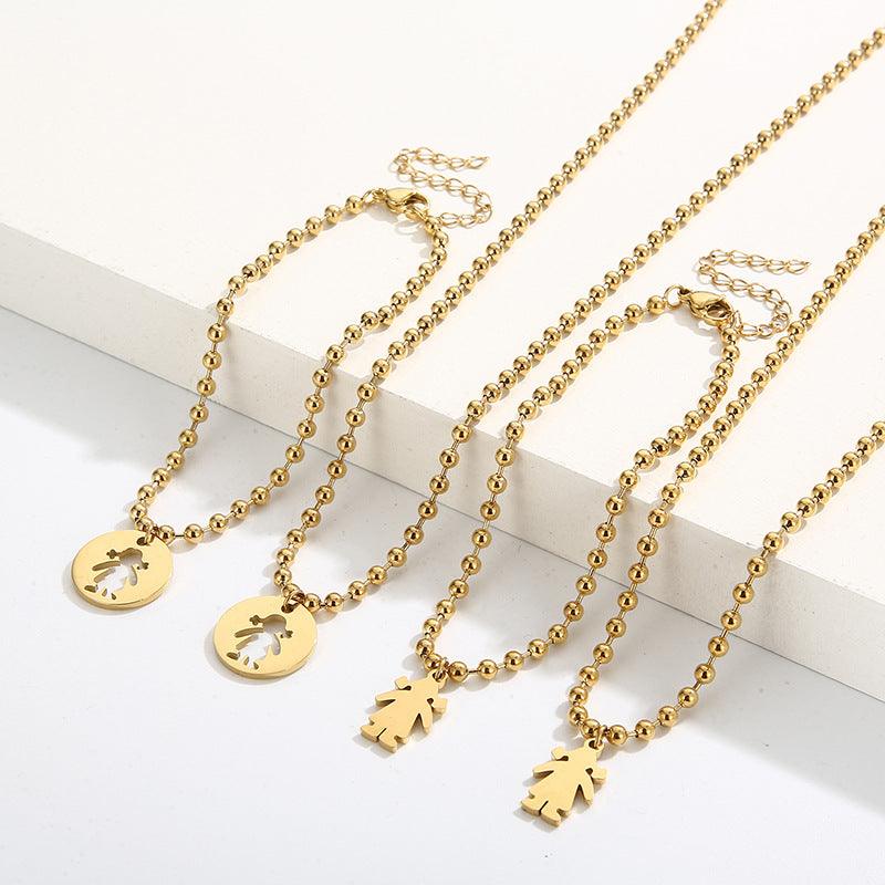 Kalen Wholesale Stainless Steel Cute Boy Girl Pendant Bracelet Necklace Jewelry Set for Women - kalen