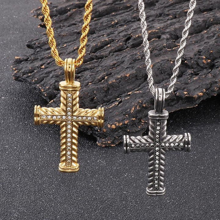 Kalen Hip Hop Viking Zircon Cross Gold Plated Stainless Steel Pendant Necklace for Men Women - kalen