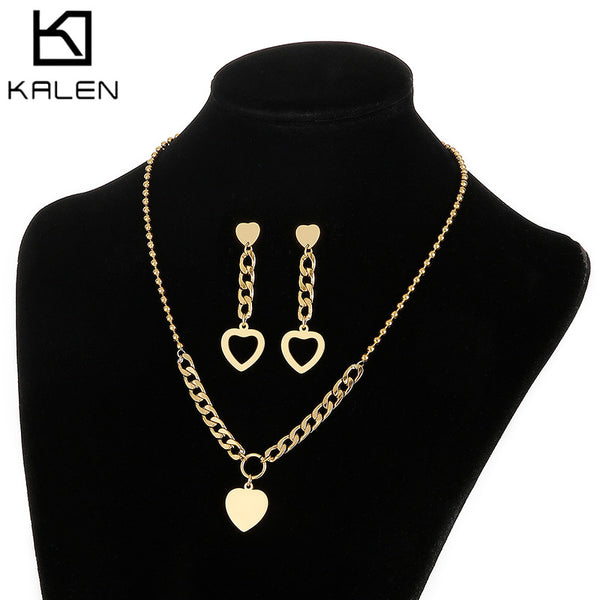 Wholesale Kalen stainless steel heart pendant necklace and earrings jewelry set with chain design | Kalen