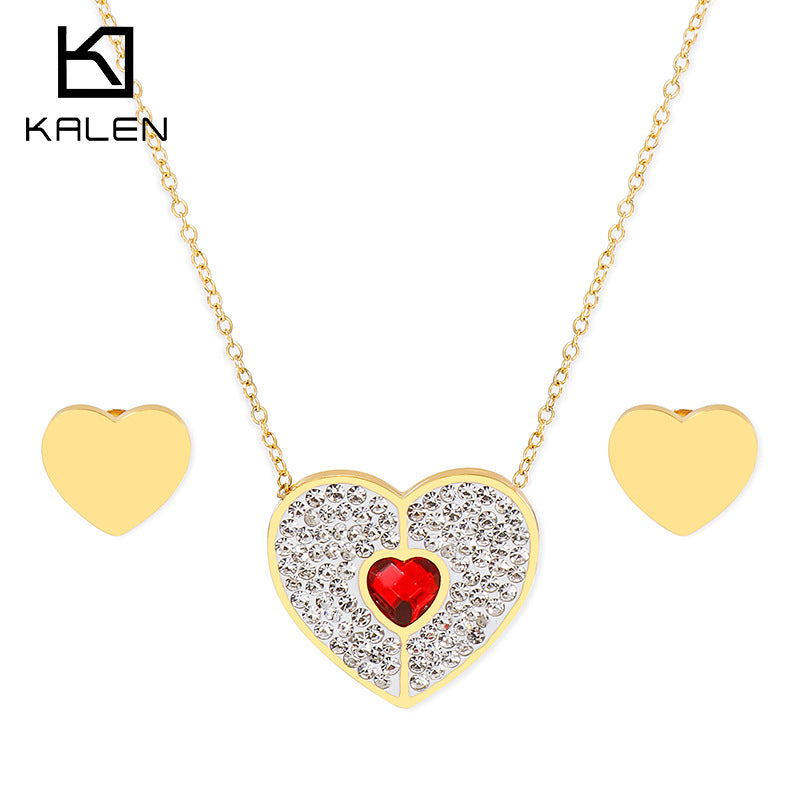 Heart Necklace and Stud Earrings Set with Red Crystal and Pavé Rhinestones - view 1