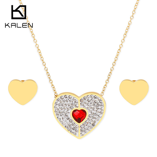 Wholesale Stainless Steel Heart Necklace and Stud Earrings Set with Red Crystal and Pavé Rhinestones – Kalen