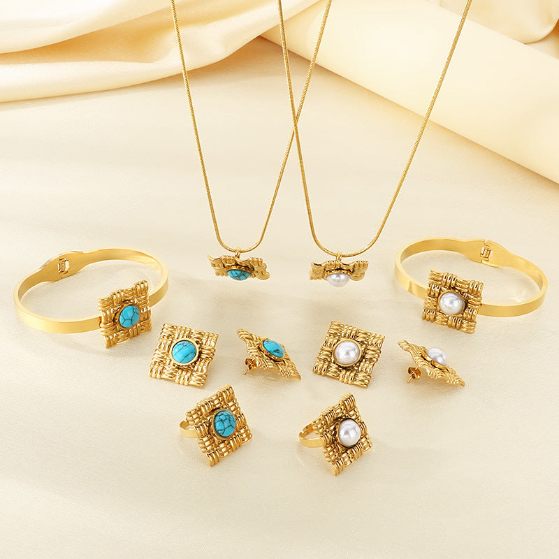 Gold Snake Chain Pearl & Gemstone Jewelry Set - view 1