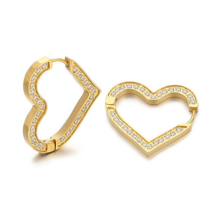 Kalen Stainless Steel Heart CNC Zircon Hinged Hoop Earrings for Women - kalen