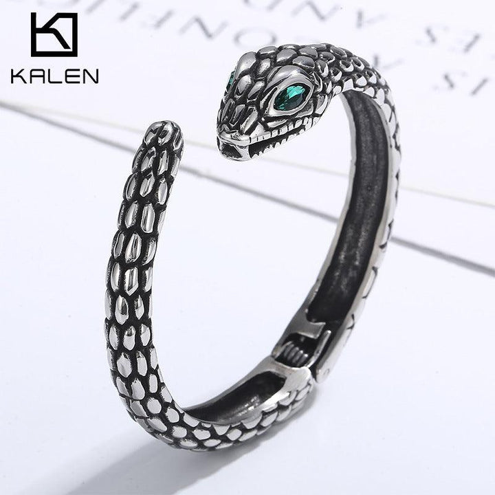 KALEN 10mm Vintage Snake Animal Charm Cuff Bracelet Bangle With Rubies For Men - kalen