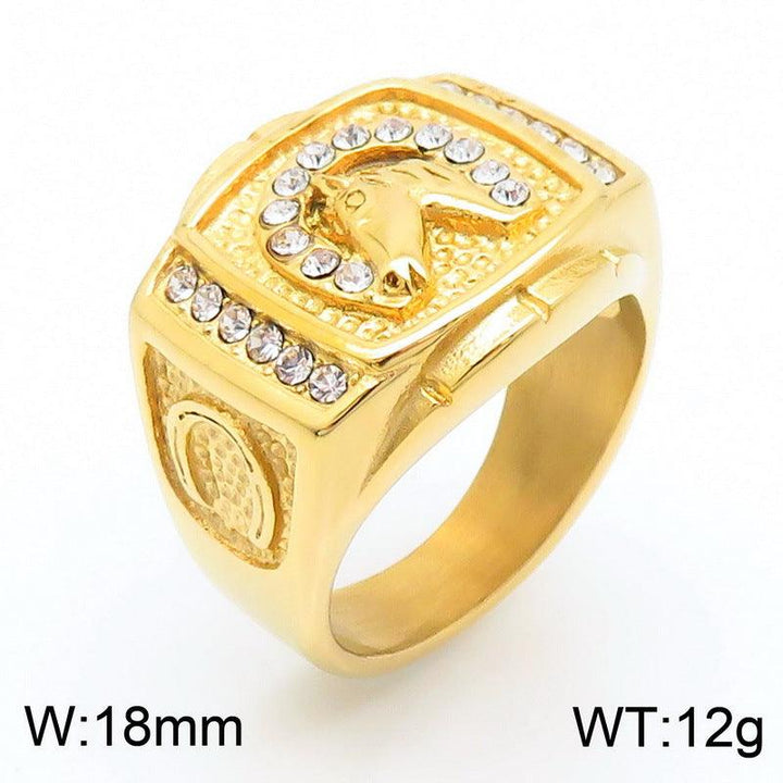 Kalen Hip Hop Zircon Horse Gold Plated Stainless Steel Ring for Men Women - kalen