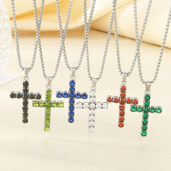 Trendy stainless steel Multi-Color Diamond-Embedded  Cross Pendant Necklace