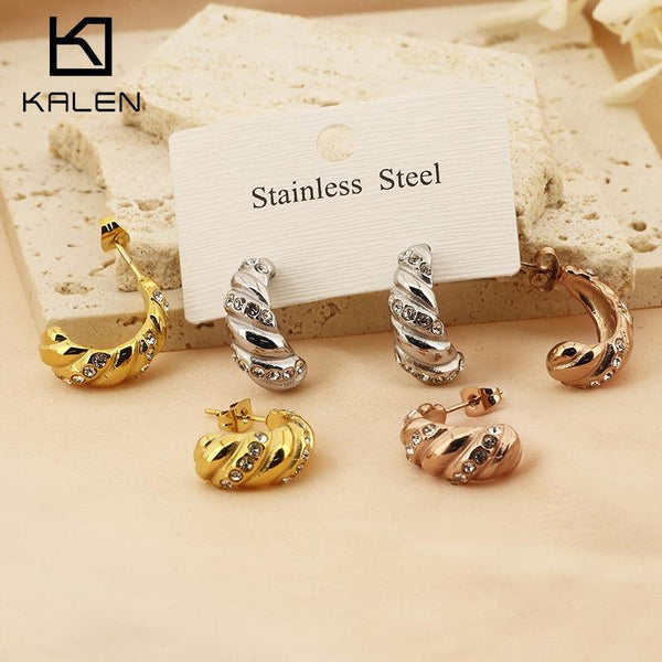 Kalen Stainless Steel Hollow C-Shape Zircon Stud Earrings for Women - kalen