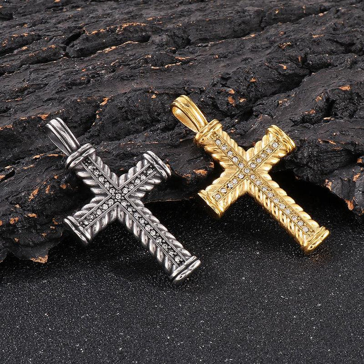 Kalen Hip Hop Viking Zircon Cross Gold Plated Stainless Steel Pendant Necklace for Men Women - kalen