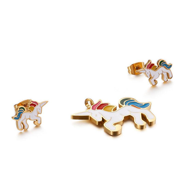 Kalen Stainless Steel Cute Enamel Unicorn Stud Earrings Pendant Necklace Set for Women - kalen