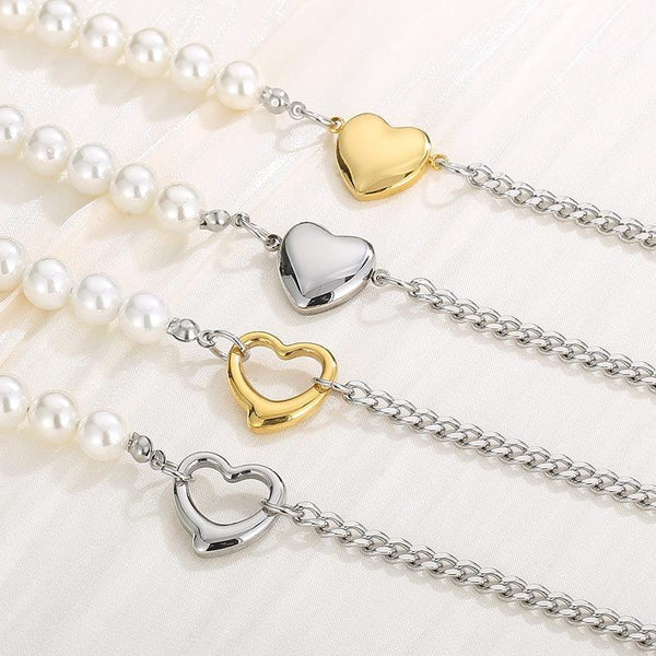 Kalen Stainless Steel Pearl Cuban Chain Heart Pendant Necklace for Women - kalen