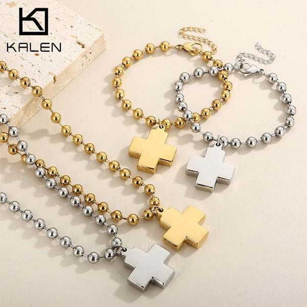 Kalen 6mm Bead Chain Cross Pendant Bracelet Necklace Jewelry Set For Women - kalen