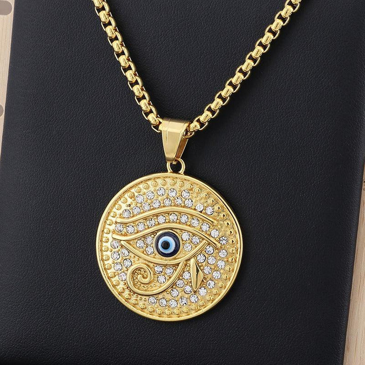 Kalen Hip Hop Zircon Evil Eye Gold Plated Stainless Steel Round Pendant Necklace for Men Women - kalen