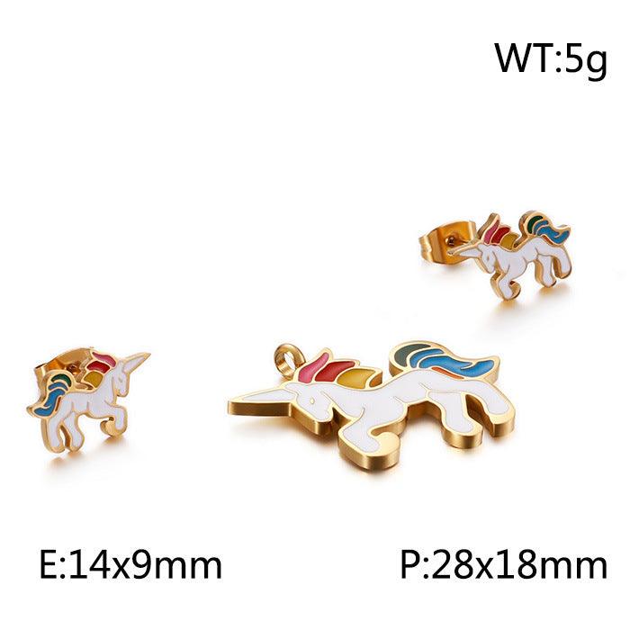 Kalen Stainless Steel Cute Enamel Unicorn Stud Earrings Pendant Necklace Set for Women - kalen