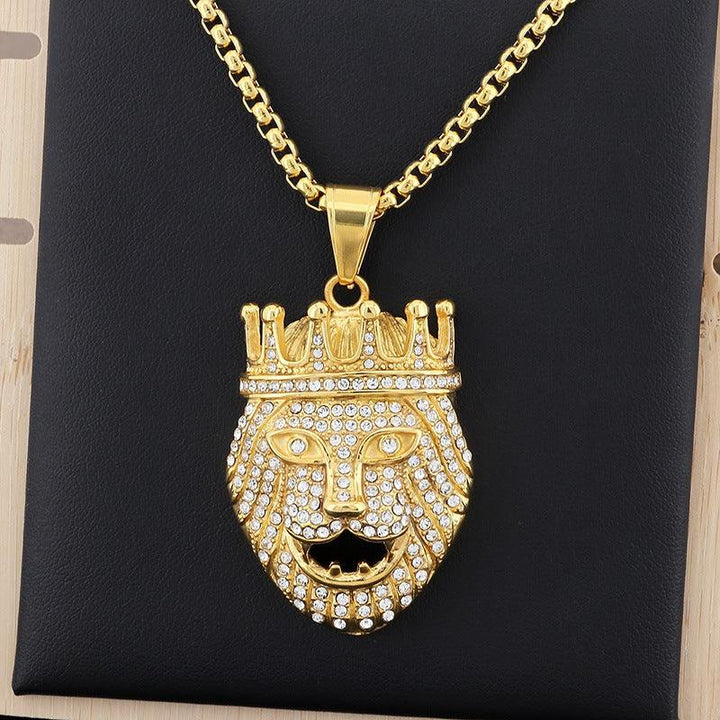 Kalen Hip Hop Zircon Lion Gold Plated Stainless Steel Tag Pendant Necklace for Men Women - kalen