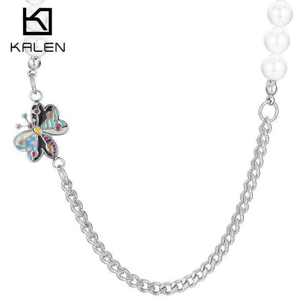 Kalen Stainless Steel Pearl Cuban Chain Flower Butterfly Pendant Necklace for Women - kalen