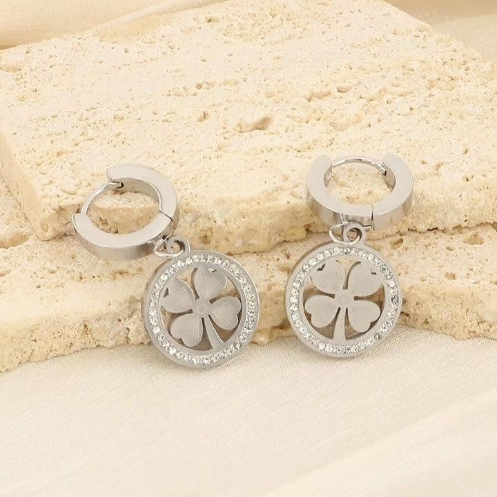 Wholesale Stainless Steel Zircon Four Leaf Clover Hoop Drop Earrings for Women - kalen